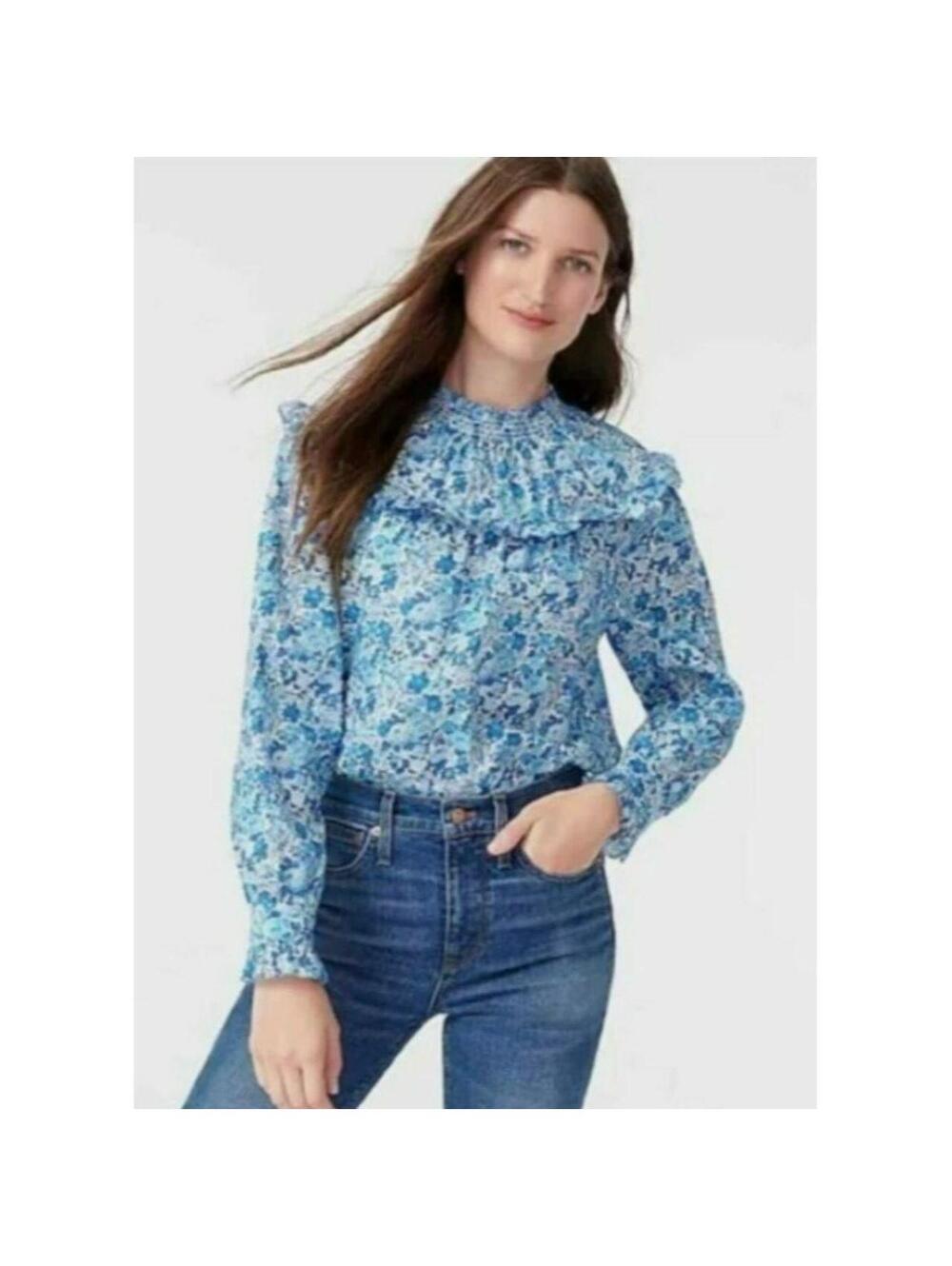 J.CREW x Liberty Fabric Smocked Popover Shirt Top Elysian Day Floral Blue Large